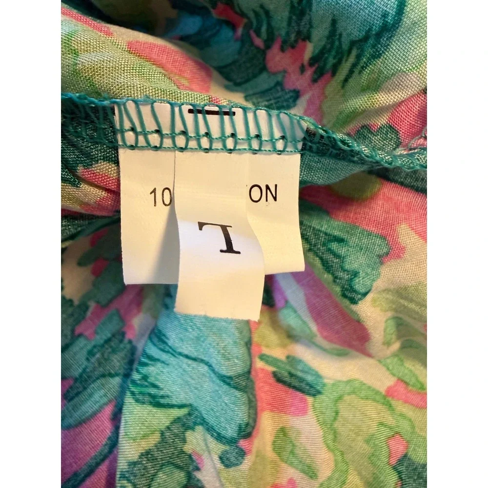 Green Pink Midi Dress Keyhole boho cottage whimsi fairy Y2K  Puff Sleeve Rayon L - Picture 7 of 7